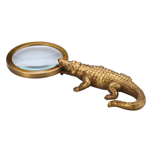 Gold Crocodile Magnifying Glass Desk Decor, Decorative Reading Magnifier with Glass Lens, Alligator Tabletop Sculpture for Office, Library, Study Room, Bookshelf, Collectibles and Gift Display