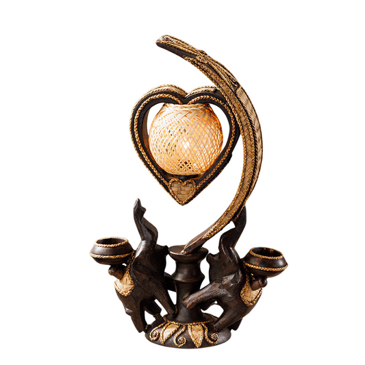 Double Elephant Table Lamp, Carved Wood Style Decorative Bedside Lamp with Woven Globe Shade, Vintage Accent Light for Bedroom, Living Room, Entryway, Office, Hotel, and Spa Decor