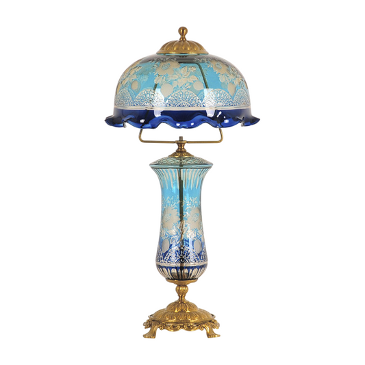Blue Floral Glass Table Lamp with Gold Tone Base, Decorative Bedside Lamp with Dome Shade, Vintage Style Accent Lighting for Bedroom, Living Room, Office, Entryway and Console Table