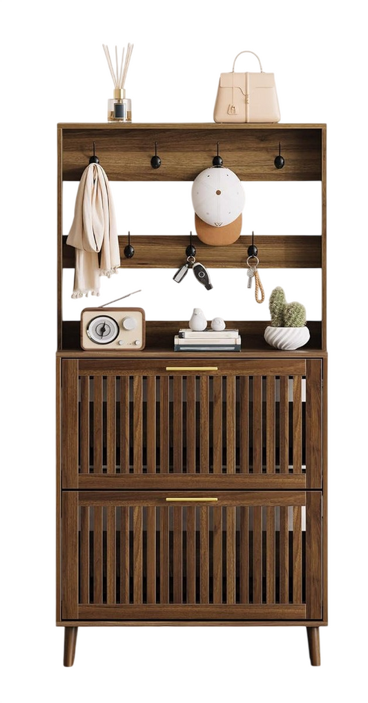 Walnut Hall Tree with 7 Hooks and 2 Flip-Down Shoe Drawers