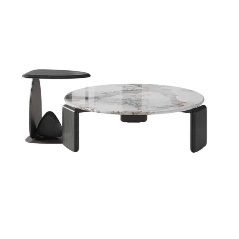 Round Stone Top Coffee Table Set with Sculptural Side Table, Gray
