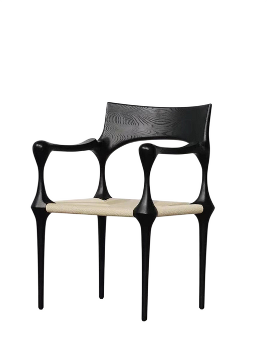 Black Sculptural Wood Dining Chair with Cane Seat, Modern Artistic Armchair, Solid Wood Accent Chair for Dining Room, Kitchen, Cafe, Reading Nook, and Designer Style Interiors
