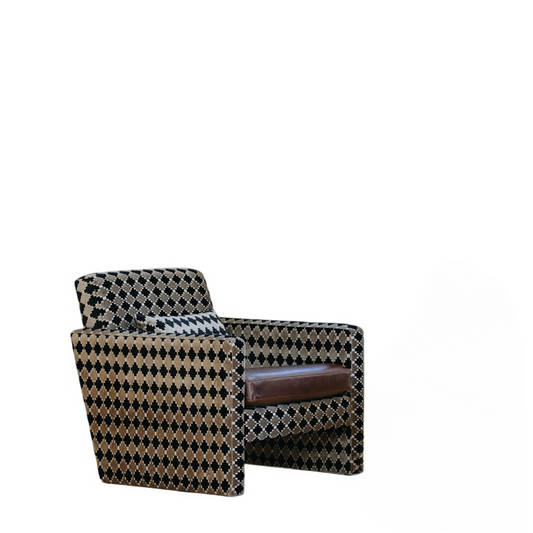 Black and White Geometric Accent Chair, Modern Box Armchair, Patterned Upholstered Single Sofa Chair with Wide Arms for Living Room, Bedroom, Office, Lounge