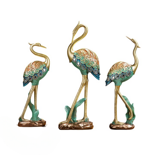 Set of 3 Gold Crane Figurines, Hand Finished Resin Bird Statues with Teal Feather Detail, Elegant Tabletop Sculpture Decor for Living Room, Entryway, Console Table, Office, Hotel, Spa, and Wine Cabinet