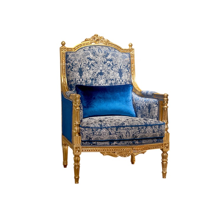 Blue Damask Accent Chair with Gold Tone Carved Wood Frame, High Back Upholstered Armchair with Pillow, Luxury Living Room Chair for Bedroom, Reading Corner, Lounge, Office and Vanity Space