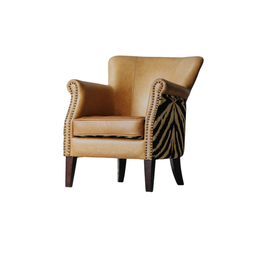 Tan Top Grain Leather Accent Chair, Vintage Rolled Armchair with Animal Print Side Panels, Nailhead Trim Single Sofa Chair for Living Room, Bedroom, Office