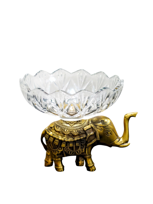 Gold Elephant Decorative Glass Bowl, Brass Fruit and Candy Serving Dish