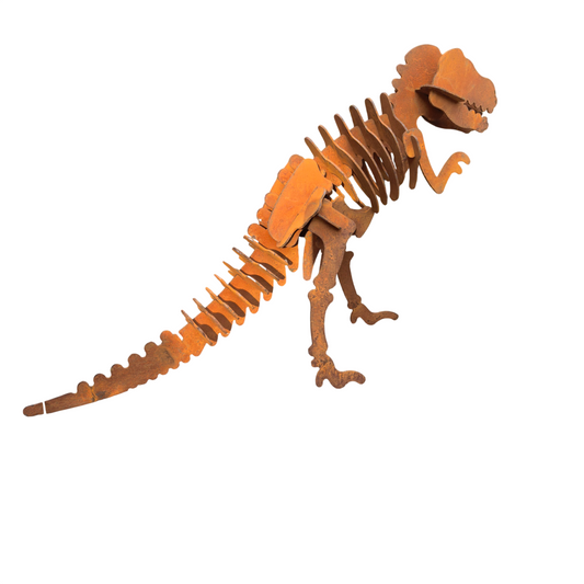 Rustic Metal T Rex Skeleton Garden Sculpture, 3D Dinosaur Yard Art Decor, Weathered Rust Finish Prehistoric Animal Statue for Outdoor Lawn, Patio, Backyard, Garden Display