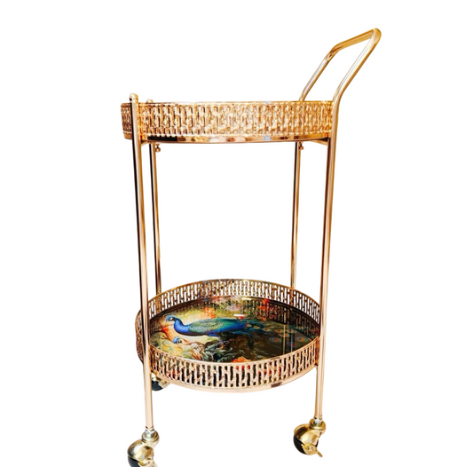 Gold Round Bar Cart with Wheels, 2 Tier Rolling Serving Cart with Mirrored Shelves, Luxury Peacock Style Drink Trolley and Mobile Side Table for Living Room, Dining Room, Bedroom and Home Bar