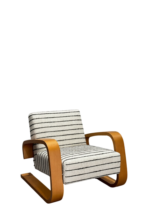 Mid-Century Wood Rocking Accent Chair with Striped Upholstery, Modern Lounge Armchair for Living Room, Bedroom, Reading Nook and Hotel, Teak Brown