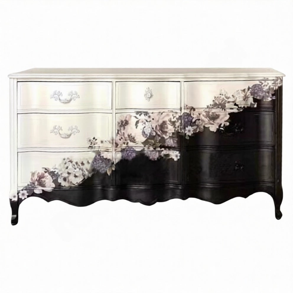 Black and White Floral Painted 9-Drawer Dresser, French Country Wood Storage Chest with Ombre Finish, Cabriole Legs and Scalloped Apron for Entryway, Dining Room, Living Room and Bedroom
