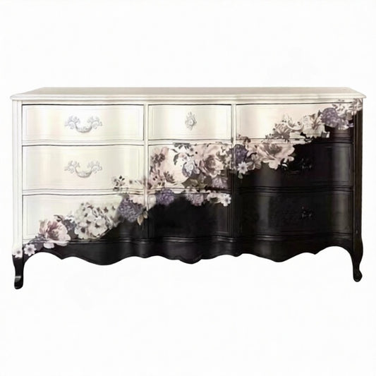 Black and White Floral Painted 9-Drawer Dresser, French Country Wood Storage Chest with Ombre Finish, Cabriole Legs and Scalloped Apron for Entryway, Dining Room, Living Room and Bedroom
