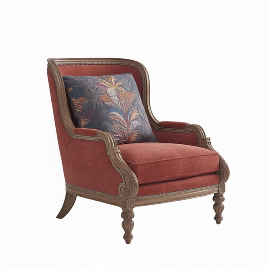 Rust Red Velvet Accent Chair, French Vintage High Back Armchair with Carved Wood Frame, Nailhead Trim and Decorative Pillow for Living Room Bedroom Reading Corner