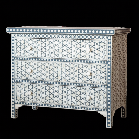 Blue and White 3 Drawer Accent Chest, French Country Solid Wood Storage Cabinet, Hand Painted Style Pattern Dresser for Entryway, Bedroom, Hallway, Living Room