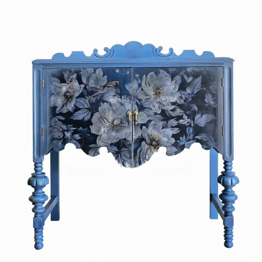 Blue Solid Wood 2-Door Accent Cabinet, Hand-Painted Floral French Vintage Entryway Storage Console with Carved Crest and Turned Legs for Foyer, Living Room and Dining Room