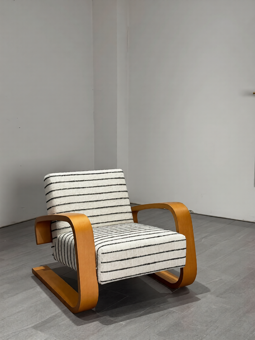 Mid-Century Wood Rocking Accent Chair with Striped Upholstery, Modern Lounge Armchair for Living Room, Bedroom, Reading Nook and Hotel, Teak Brown