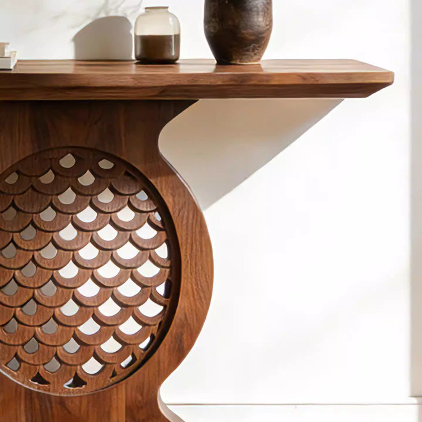 Solid Ash Wood Console Table with Carved Round Pedestal Base