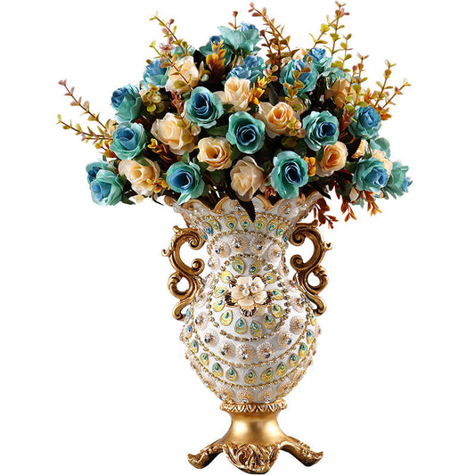 European Style Double Handle Decorative Vase, White and Gold Pedestal Flower Vase, Luxury Tabletop Centerpiece for Faux Flowers, Dried Arrangements, Living Room, Dining Table, Entryway Decor
