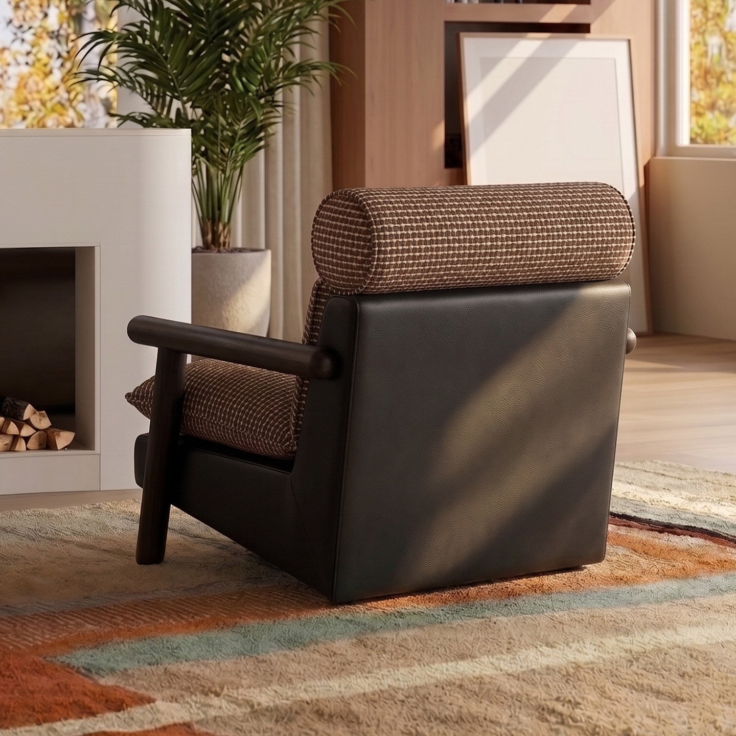 Brown Jacquard Accent Chair with Ash Wood Arms, Upholstered Lounge Chair