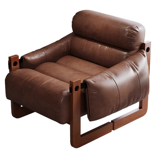 Mid-Century Solid Wood Accent Chair, Vintage Brown Oil Wax Leather Armchair, Upholstered Lounge Chair with Solid Wood Frame for Living Room, Reading Room, Bedroom &amp; Office
