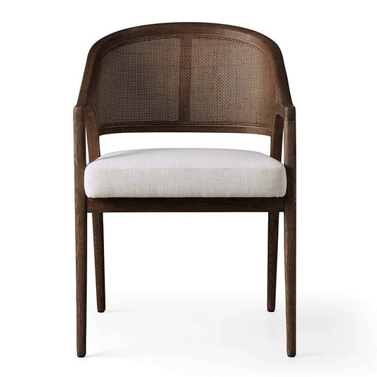 French Cane Back Dining Chair, Solid Wood Armchair with Cream Upholstered Seat, Rattan Accent Chair for Dining Room, Kitchen, Restaurant, Cafe, Living Room
