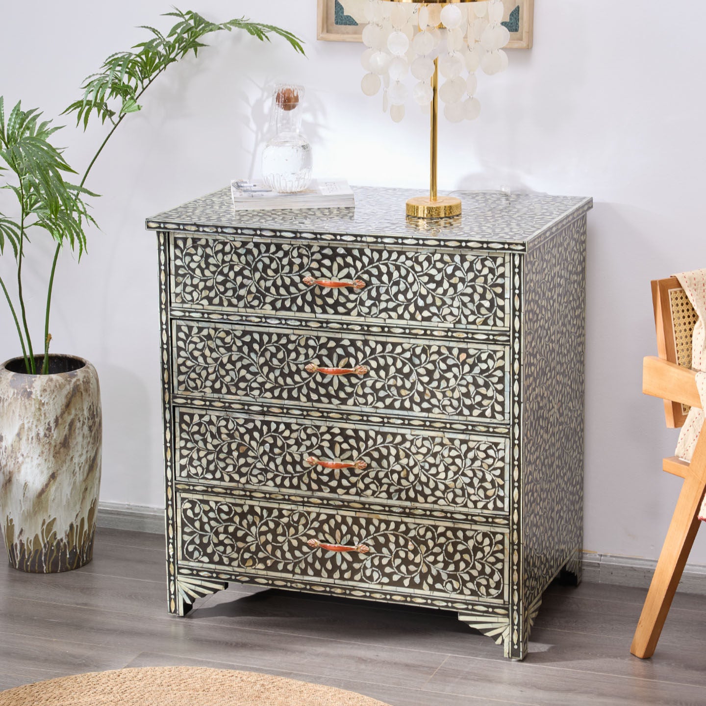 Black Mother of Pearl Shell Inlay 4 Drawer Chest, Floral Mosaic Dresser Cabinet with Handcrafted Leaf Pattern, Luxury Accent Storage Cabinet for Bedroom, Entryway, Living Room, Hallway, and Console Decor