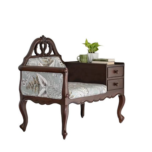Brown Wood Gossip Bench with Drawers and Floral Upholstery