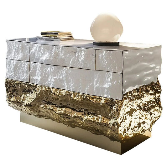 White and Gold Sculptural 6-Drawer Sideboard Storage Cabinet