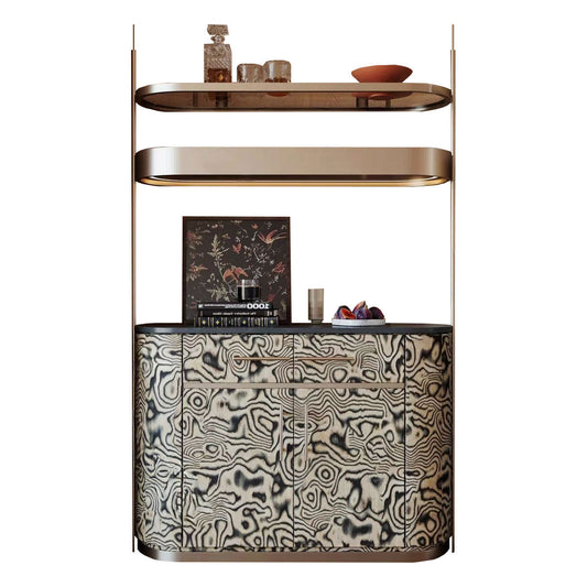 Black and Ivory Wood-Grain Bar Cabinet with Two Display Shelves, Champagne Gold Metal Frame, 4-Door Storage and 2 Drawers for Dining Room, Living Room, Hotel Suite and Coffee Station