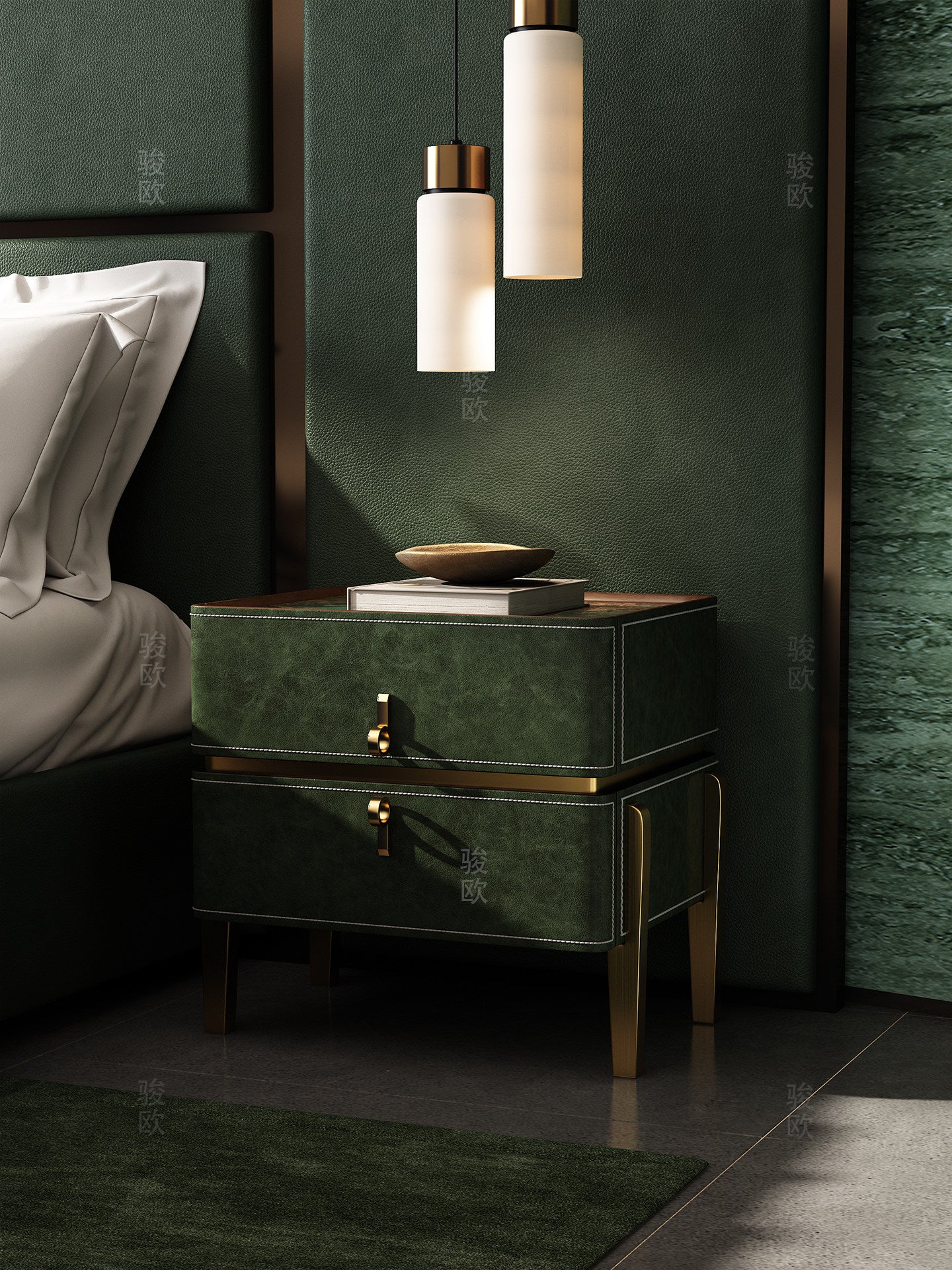 Emerald Green Nightstand with 2 Drawers, Modern Leather Look Bedside Table with Marble Pattern Top, Gold Tone Legs and Solid Wood Frame, Luxury Accent End Table for Bedroom, Living Room