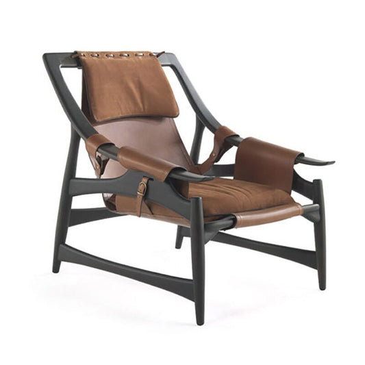 Solid Wood Leather Sling Lounge Chair, Brown Saddle-Style Upholstered Accent Armchair with Black Wooden Frame, Modern Industrial Reading Chair for Living Room, Bedroom, Office, Lounge, and Study