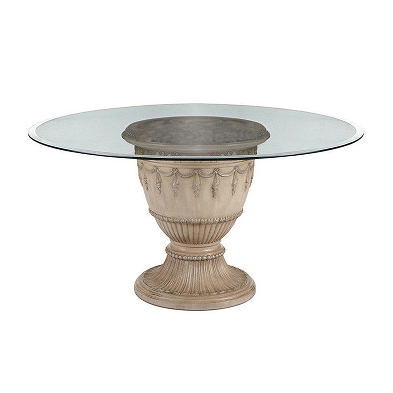 Antique White Round Glass Dining Table with Carved Pedestal