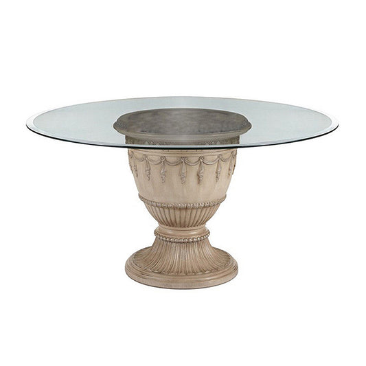 Antique White Round Glass Dining Table with Carved Pedestal