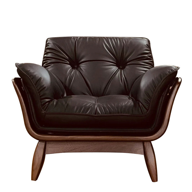 Dark Brown Leather Accent Chair with Black Walnut Wood Frame