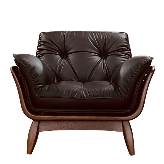 Dark Brown Leather Accent Chair with Black Walnut Wood Frame