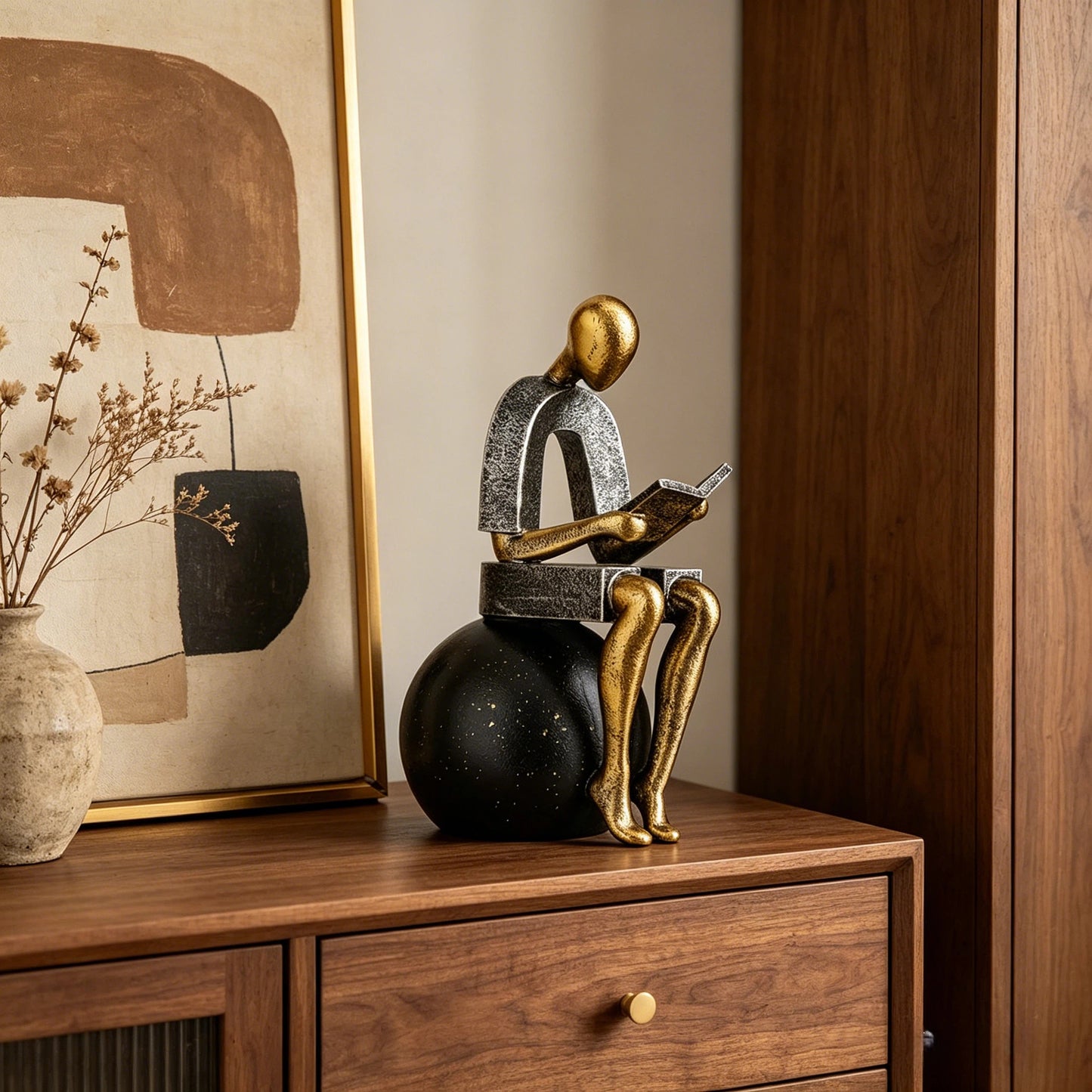 Black and Antique Gold Resin Reading Person Figurine, Abstract Seated Reader Sculpture with Book, Modern Literary Tabletop Décor for Bookshelf, Study, Office, Living Room and Entryway