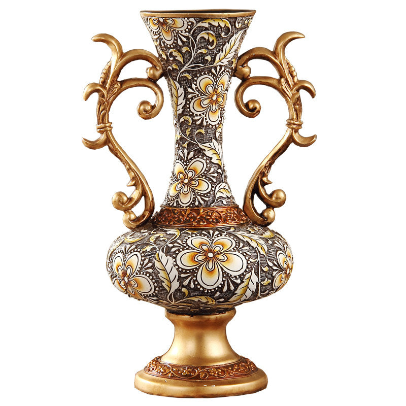 Gold Floral Resin Vase with Ornate Handles for Dried Flowers