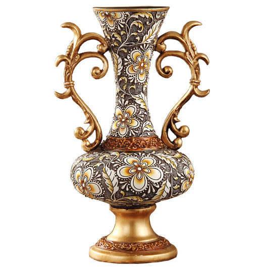 Gold Floral Resin Vase with Ornate Handles for Dried Flowers