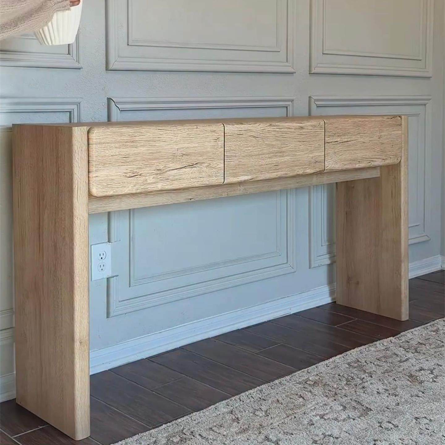Natural Wood Console Table with 3 Drawers, Solid Wood Entryway Table, Nordic Modern Sofa Table, Narrow Hallway Accent Table for Living Room, Foyer, Bedroom, Behind Couch