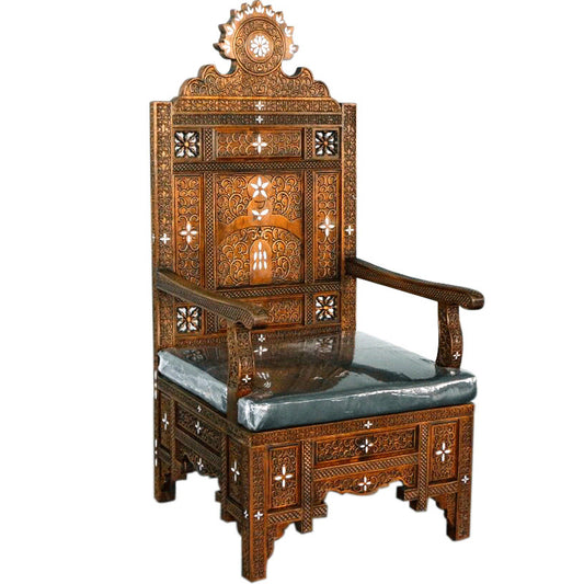 Carved Wood High Back Throne Chair with Inlay and Cushion