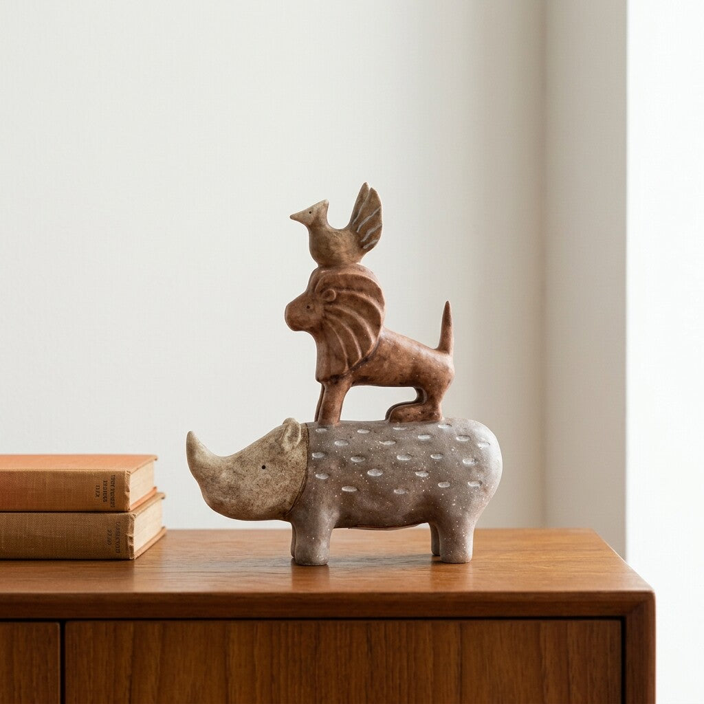 Rustic Brown Resin Stacked Animal Figurine, Rhino Lion and Bird Totem Sculpture, Wabi-Sabi Wildlife Tabletop Décor for Living Room, Entryway, Bookshelf, Office and Bedroom