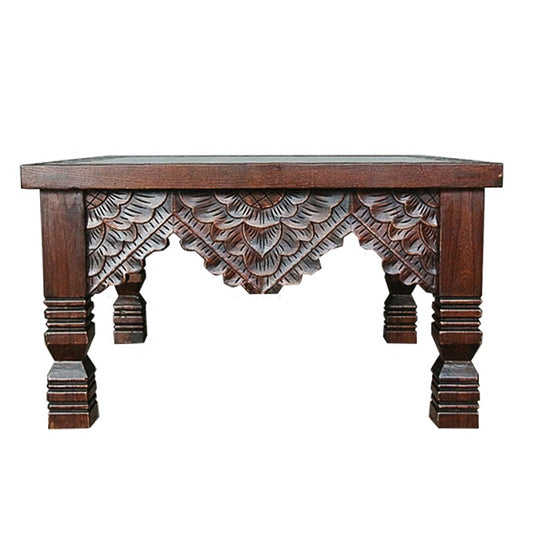 Hand-Carved Solid Elm Wood Coffee Table, Square Accent Table with Floral Carved Apron and Sculpted Legs, Rustic Wood Center Table for Living Room, Lounge or Tea Room