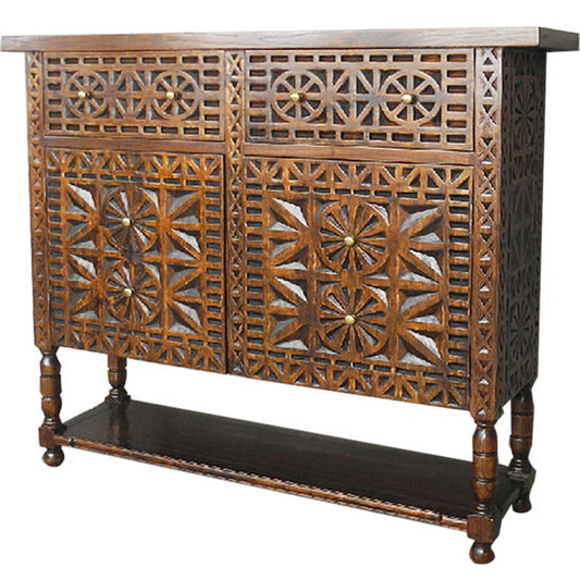 Hand-Carved Solid Wood Entryway Cabinet, 2-Door Storage Sideboard with 2 Drawers, Geometric Floral Cutout Panels, Lower Shelf and Turned Legs for Foyer, Living Room or Dining Room