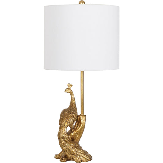 Gold Peacock Table Lamp, Resin Bird Bedside Lamp with White Drum Shade, Button Switch and Two-Pin Plug, Vintage Decorative Accent Light for Bedroom, Hotel, Living Room and Nightstand