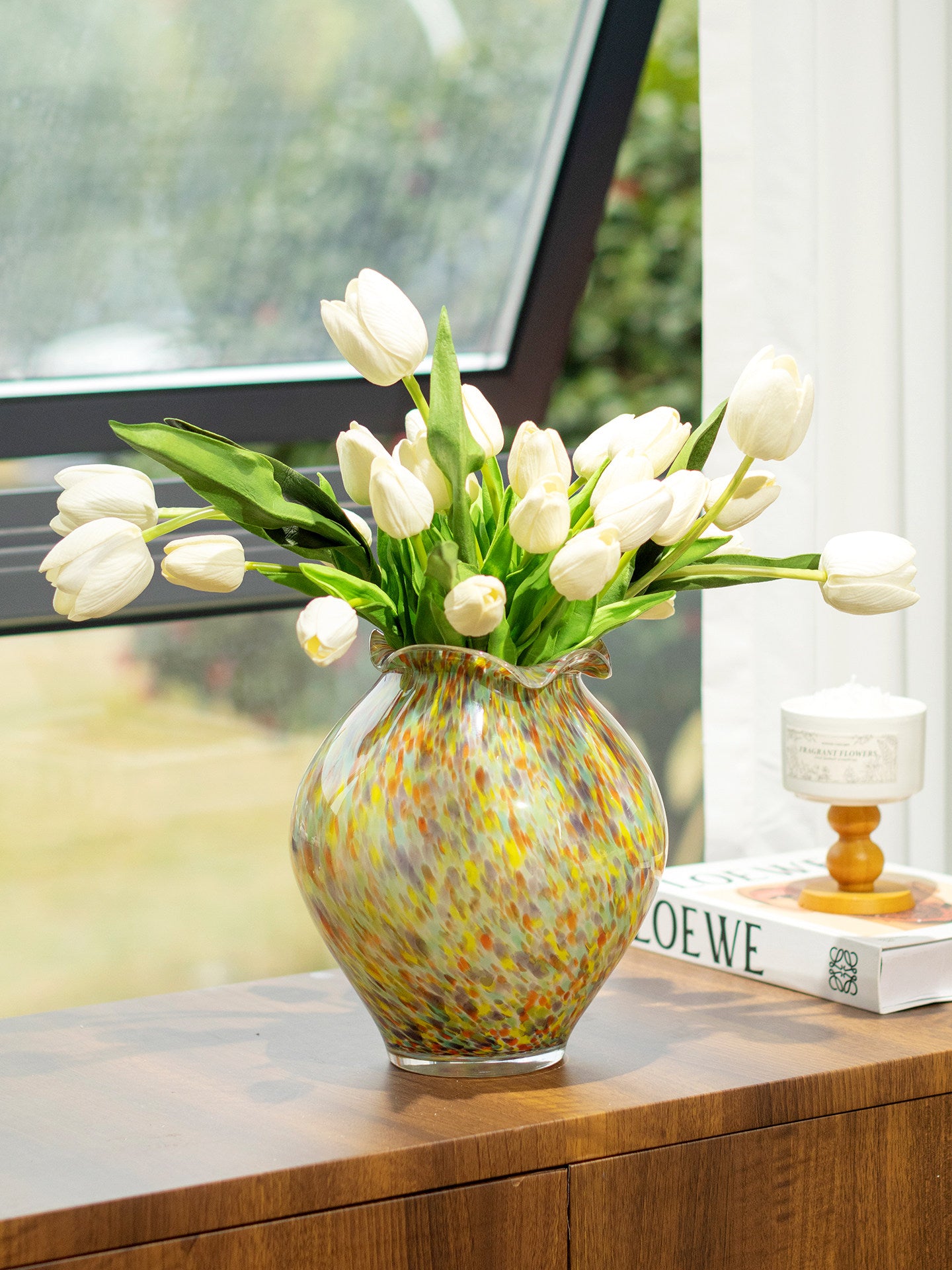 Multicolor Art Glass Vase, Ruffled Rim Decorative Flower Vase