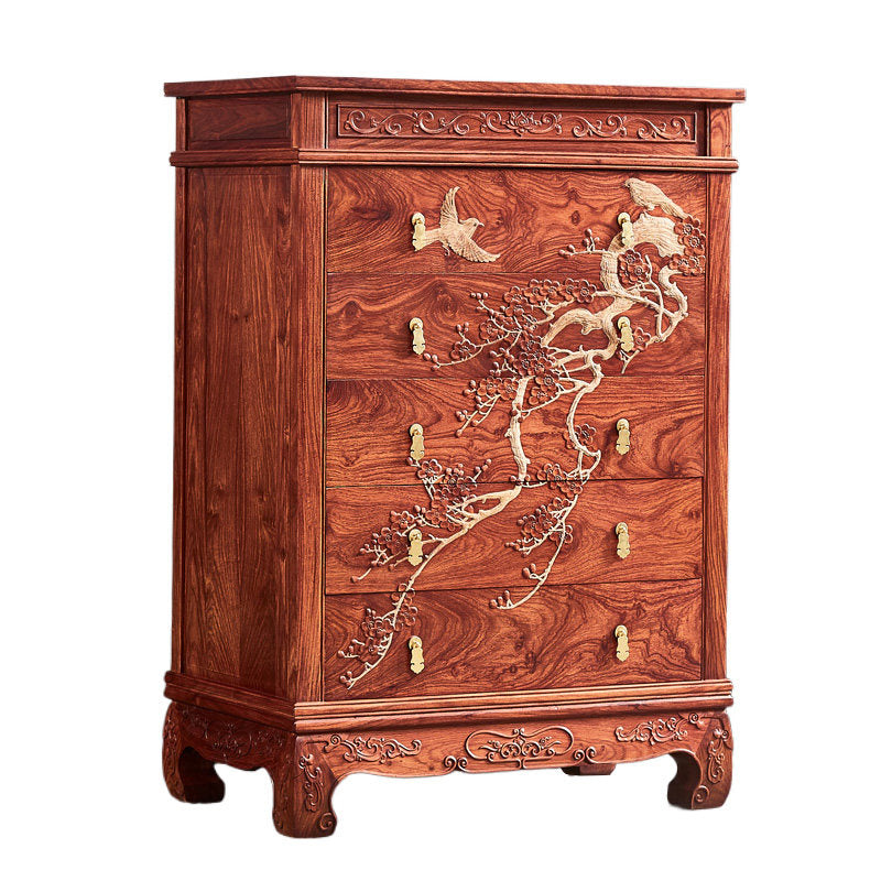 Tall Reddish Brown Solid Wood 5-Drawer Chest, Carved Floral and Bird Storage Dresser with Brass-Tone Pulls, Chinese-Inspired Accent Cabinet for Bedroom, Living Room, Entryway and Dining Room