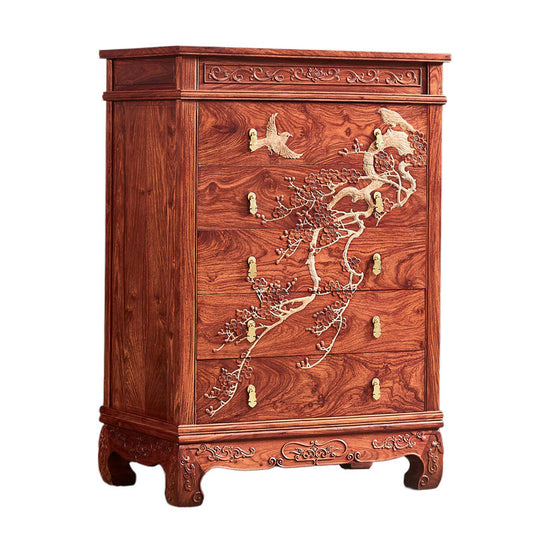 Tall Reddish Brown Solid Wood 5-Drawer Chest, Carved Floral and Bird Storage Dresser with Brass-Tone Pulls, Chinese-Inspired Accent Cabinet for Bedroom, Living Room, Entryway and Dining Room