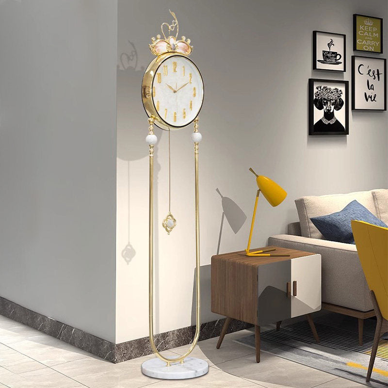 Gold Floor Clock with Marble Base, Shell Dial and Decorative Pendulum