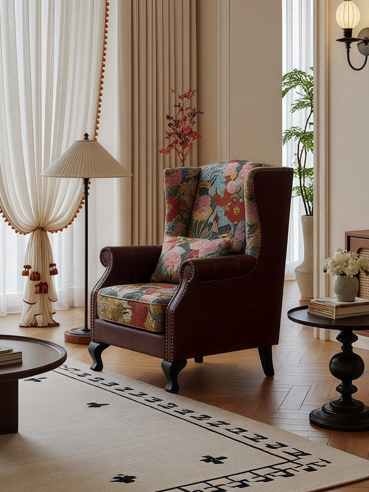 Floral Wingback Accent Chair, Vintage Upholstered Armchair with Nailhead Trim for Living Room, Bedroom, Reading Nook and Lounge