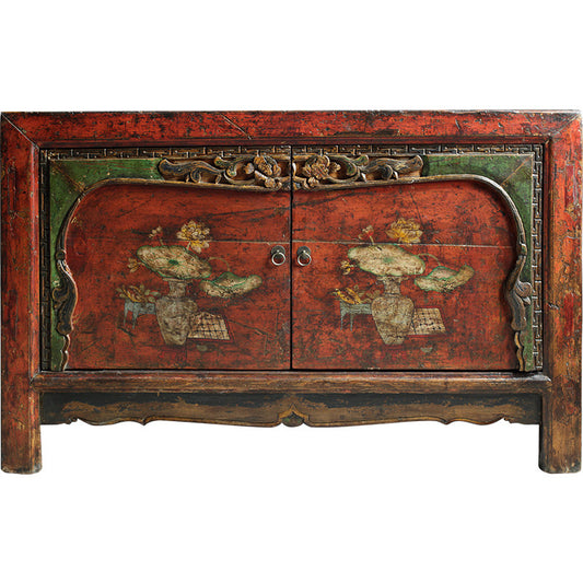 Distressed Red Solid Wood Sideboard Cabinet with 2 Doors and Interior Shelf, Vintage Chinese Style Storage Credenza for Living Room, Dining Room and Entryway